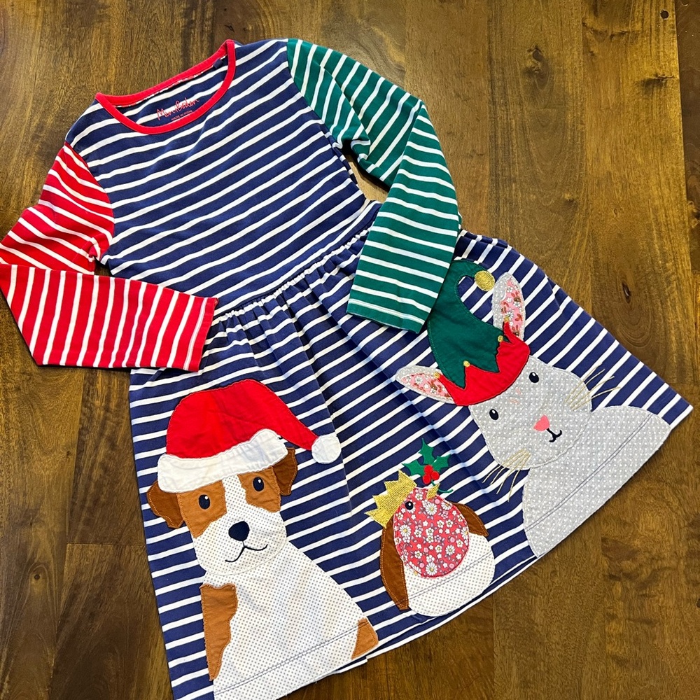Mini Boden Striped Holiday Dress with Animal Appliqués Size 8-9